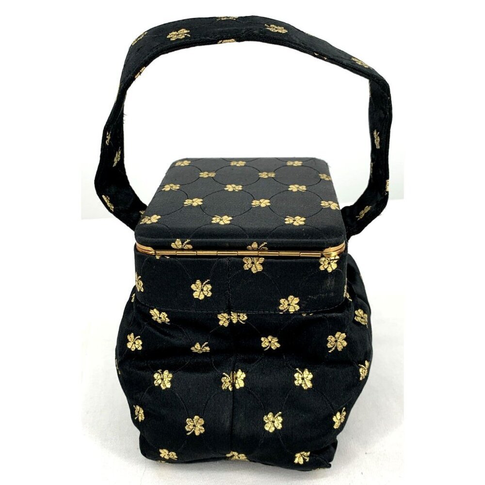 LIN BREN Purse Handbag Black & Gold Satin Brocade Box Mirror 5" Tall - Picture 4 of 10